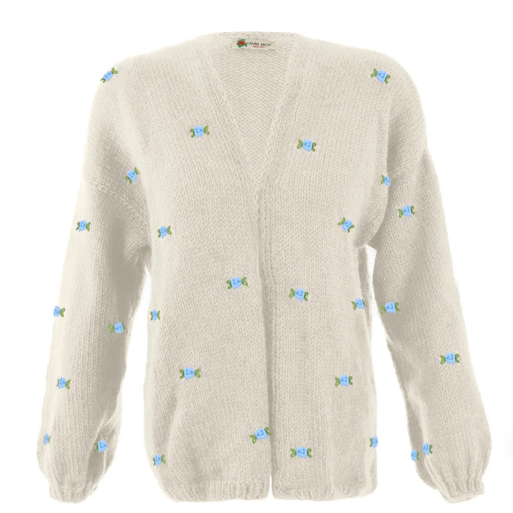 Fanm Mon Hand Knit Rose Cardigan Blue Embroidery